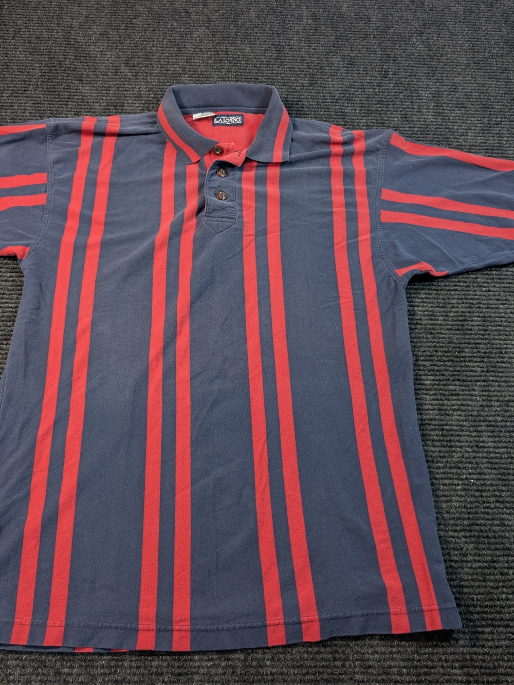 Vintage LA Loving Vertical Stripe Polo Shirt Medium Navy Red 90s